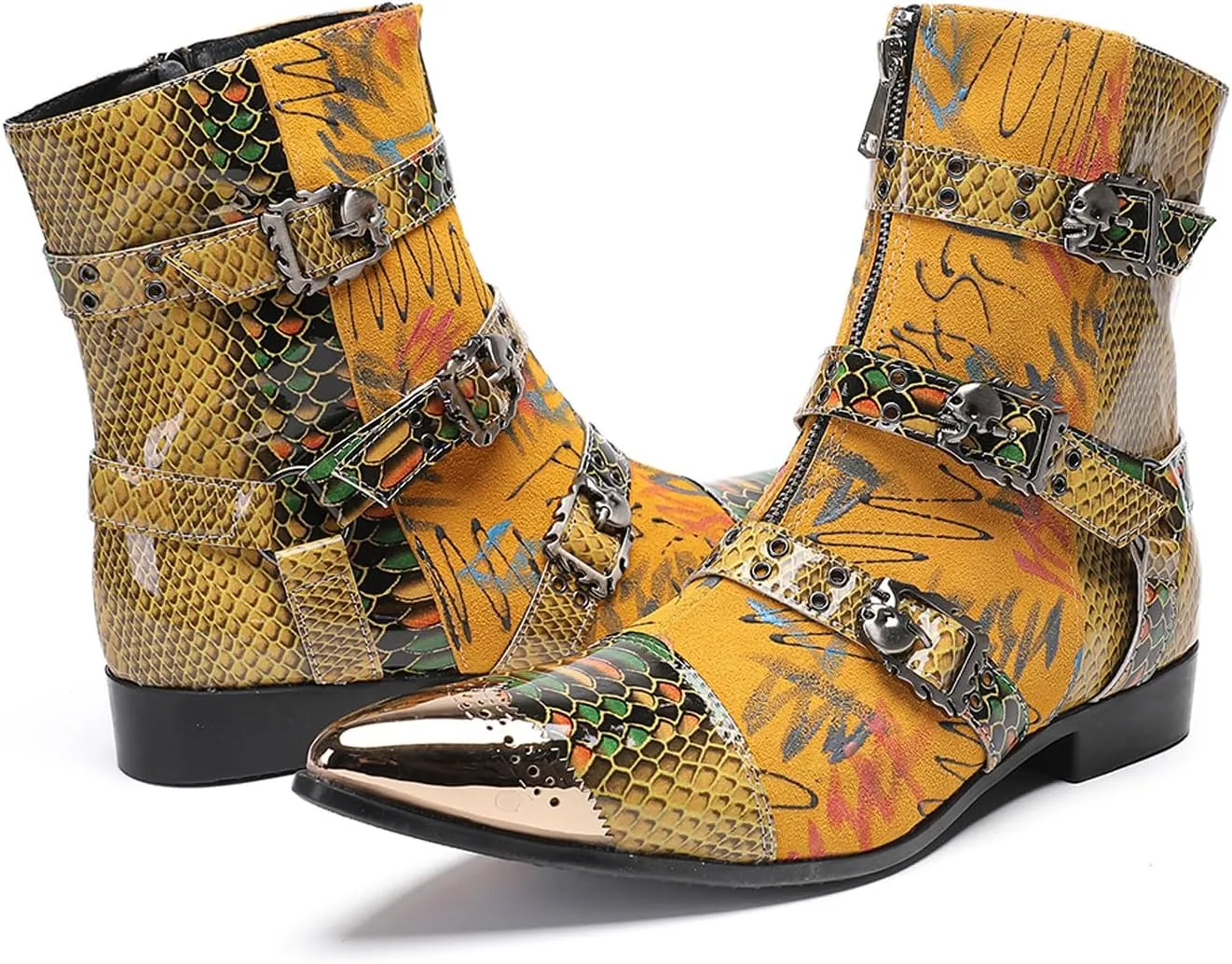 Santimon Men's Snake Print Cowboy Boots – Punk Rock Gothic Casual Western Boots with Metallic Toe, Buckle Strap,Skull Rivets & Side Zipper for Stage, Party & Bar
