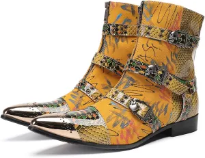 Santimon Men's Snake Print Cowboy Boots – Punk Rock Gothic Casual Western Boots with Metallic Toe, Buckle Strap,Skull Rivets & Side Zipper for Stage, Party & Bar