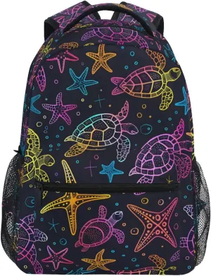 Sea Turtle Starfish Neon School Kids Backpack for Boys Girls Laptop Backpack Lightweight Travel Bag for Women Men