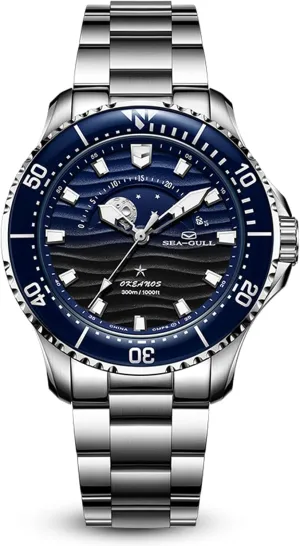 Seagull 43.5mm Dividing Watch 300M Waterproof Automatic Mechanical Wristwatch Moon Phase Luminescent Men Watches 816.32.1215 New 2024, Blue, bracelet