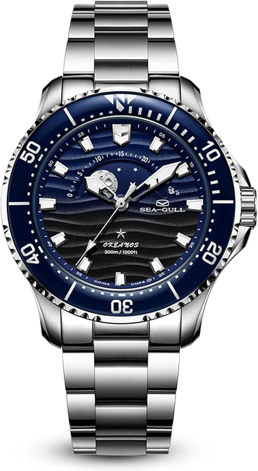 Seagull 43.5mm Dividing Watch 300M Waterproof Automatic Mechanical Wristwatch Moon Phase Luminescent Men Watches 816.32.1215 New 2024, Blue, bracelet