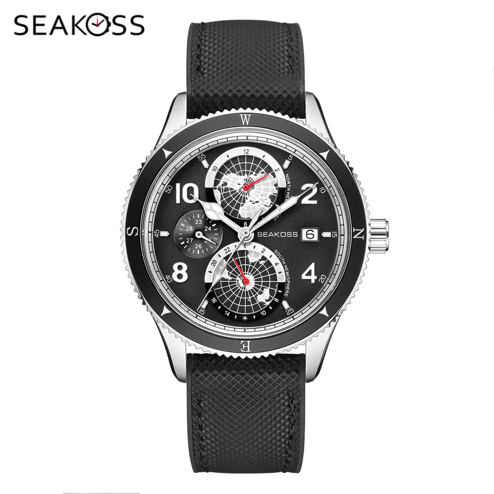 SEAKOSS Men's Diving Watch 1963 Earth Automatic Mechanical Watch Year Month 24Hours Display 100m Dive Super Luminous Wristwatch