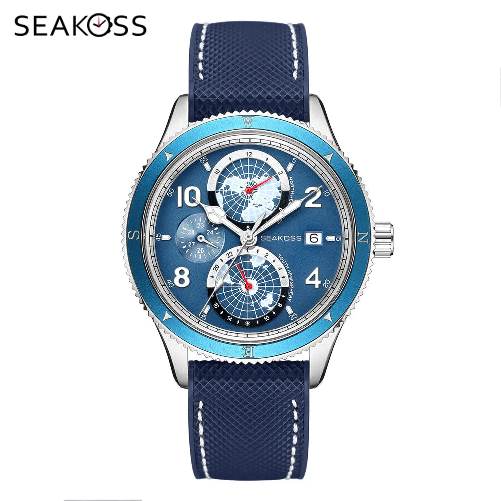 SEAKOSS Men's Diving Watch 1963 Earth Automatic Mechanical Watch Year Month 24Hours Display 100m Dive Super Luminous Wristwatch