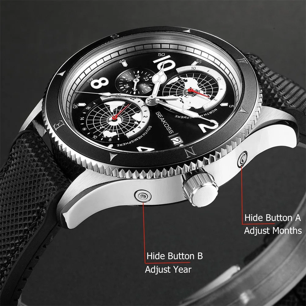 SEAKOSS Men's Diving Watch 1963 Earth Automatic Mechanical Watch Year Month 24Hours Display 100m Dive Super Luminous Wristwatch