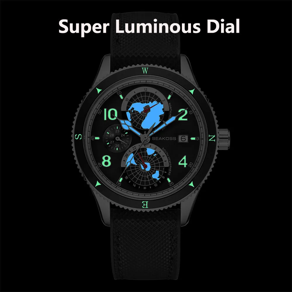 SEAKOSS Men's Diving Watch 1963 Earth Automatic Mechanical Watch Year Month 24Hours Display 100m Dive Super Luminous Wristwatch