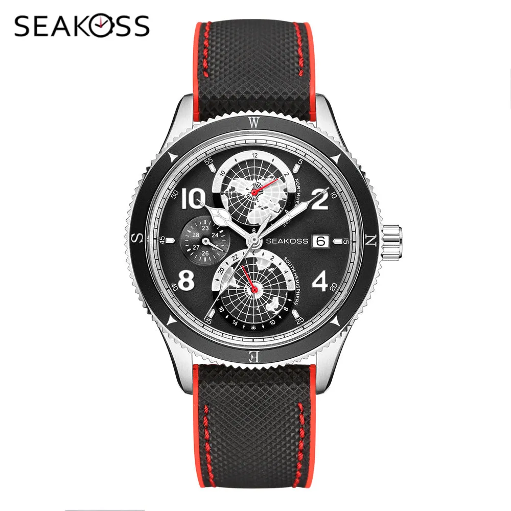 SEAKOSS Men's Diving Watch 1963 Earth Automatic Mechanical Watch Year Month 24Hours Display 100m Dive Super Luminous Wristwatch