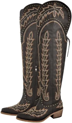 sexytag Cowgirl Boots Thigh High Wide Calf Embroidered Western Cowboy Boots