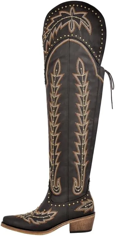 sexytag Cowgirl Boots Thigh High Wide Calf Embroidered Western Cowboy Boots