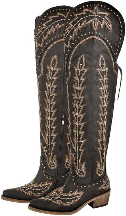 sexytag Cowgirl Boots Thigh High Wide Calf Embroidered Western Cowboy Boots