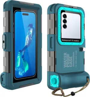 ShellBox Case Waterproof Diving Phone Cover for Underwater Snorkeling Filming, Scuba Housing Fit with Samsung Galaxy S25/24/S23/S22 Ultra/Plus Google Pixel Motorola[Right Phone Volume Button], Teal