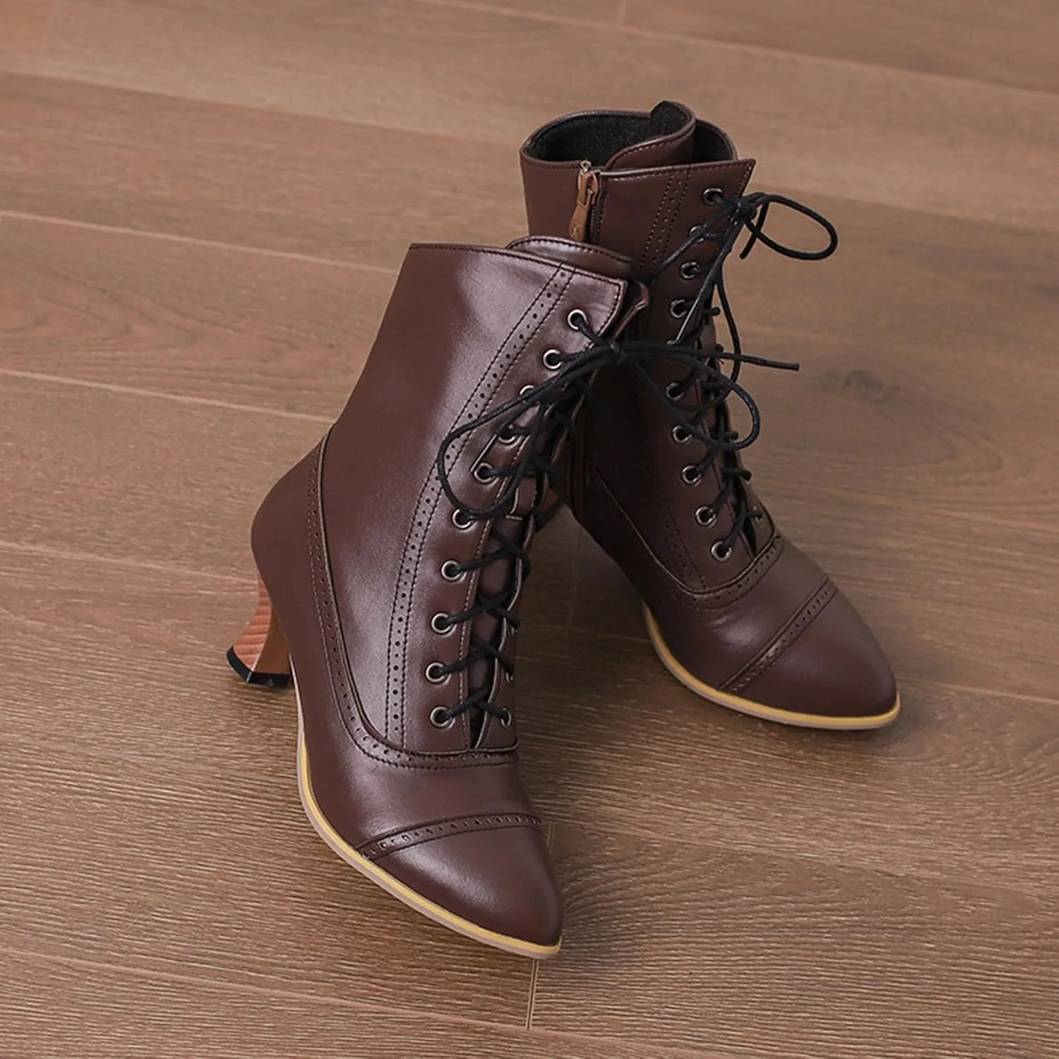 SHEMEE Kitten Heels Ankle Boots for Women Vintage Victorian Style Lace-Up Booties Mid Heels Zipper Shoes with Buckled