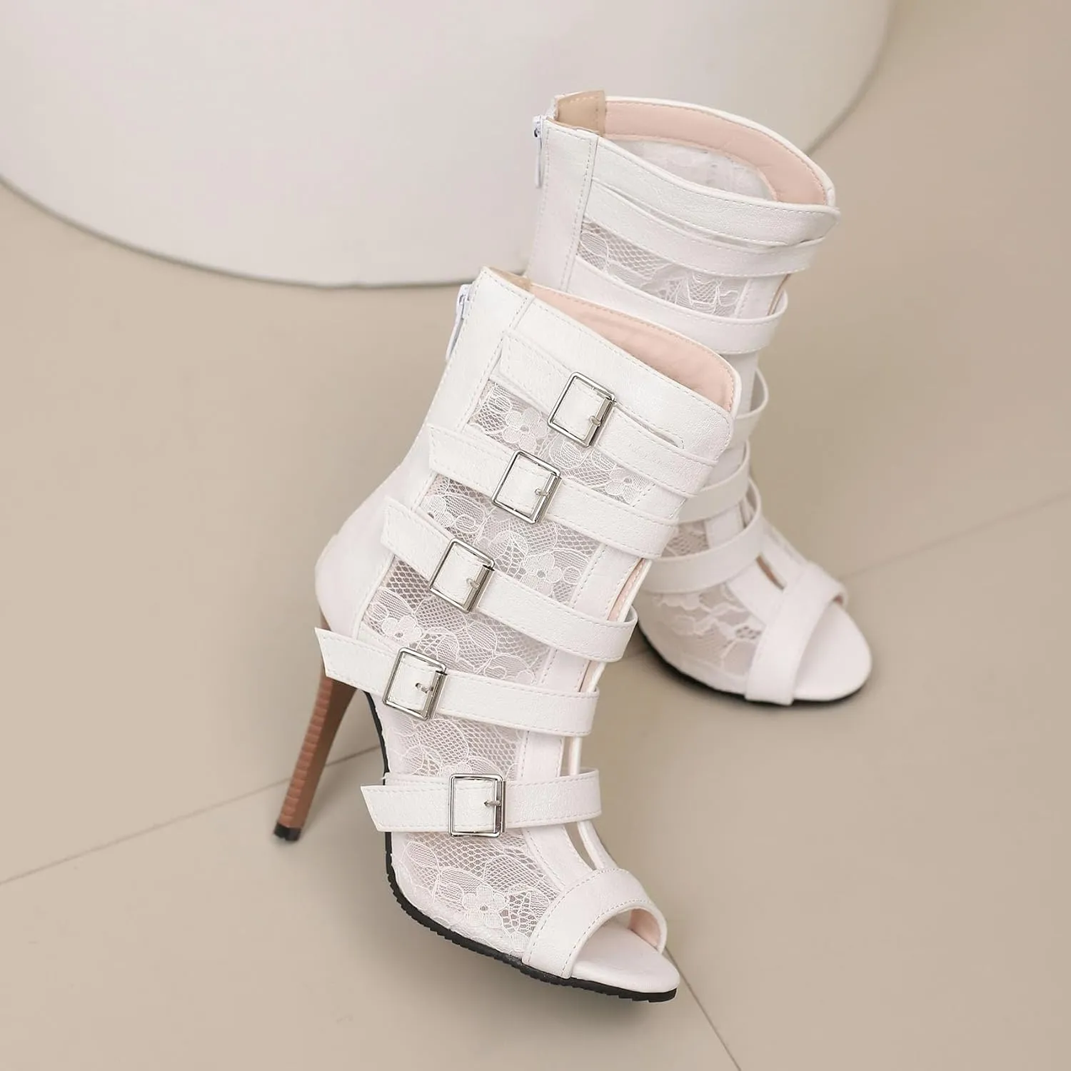 SHEMEE Women's Lace Mesh Ankle Booties Peep Toe Stiletto High Heels Sandals Zipper Open-Toe Gladiator Roman Sandals with Buckled