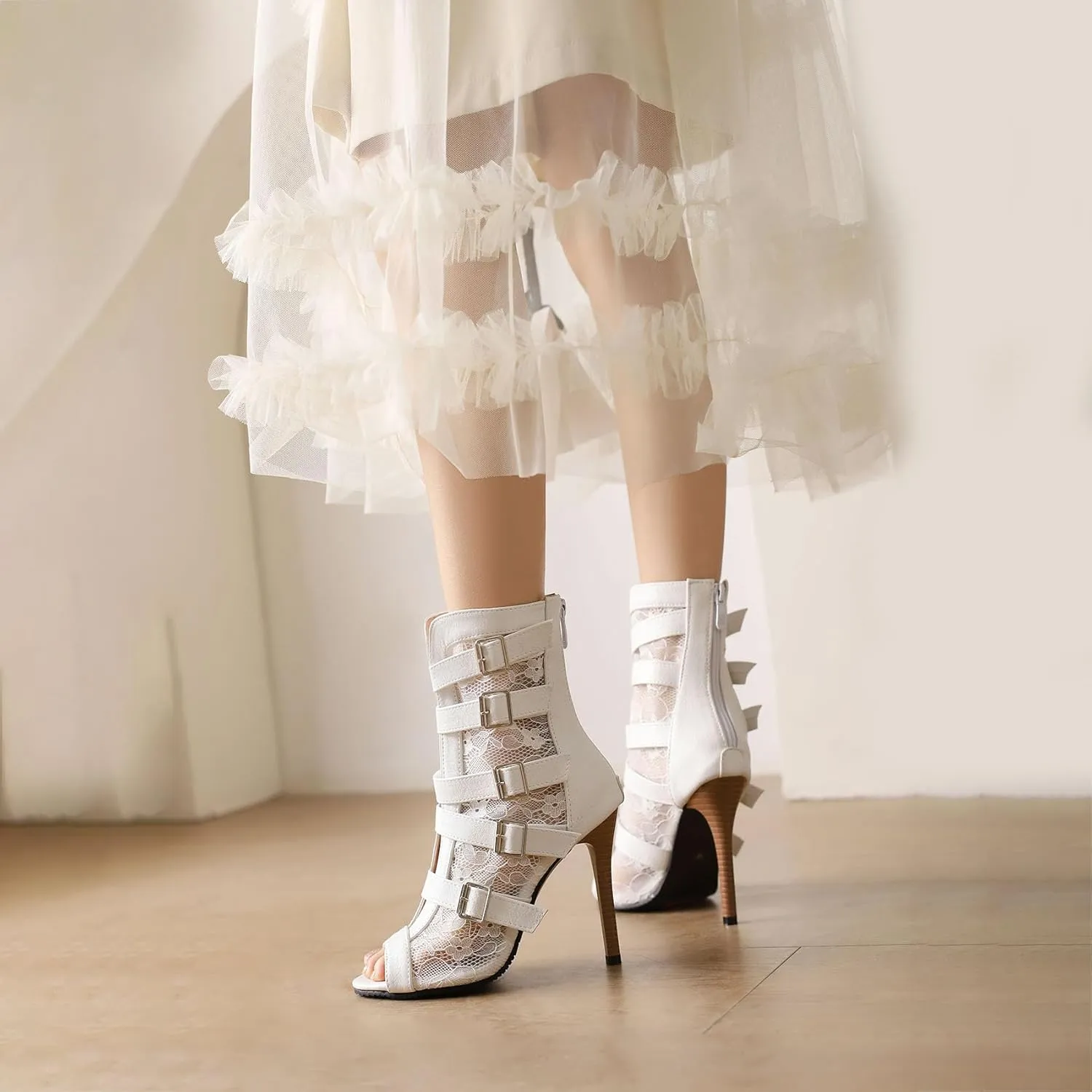 SHEMEE Women's Lace Mesh Ankle Booties Peep Toe Stiletto High Heels Sandals Zipper Open-Toe Gladiator Roman Sandals with Buckled
