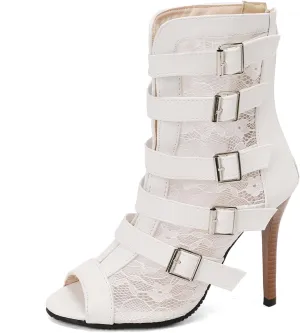 SHEMEE Women's Lace Mesh Ankle Booties Peep Toe Stiletto High Heels Sandals Zipper Open-Toe Gladiator Roman Sandals with Buckled