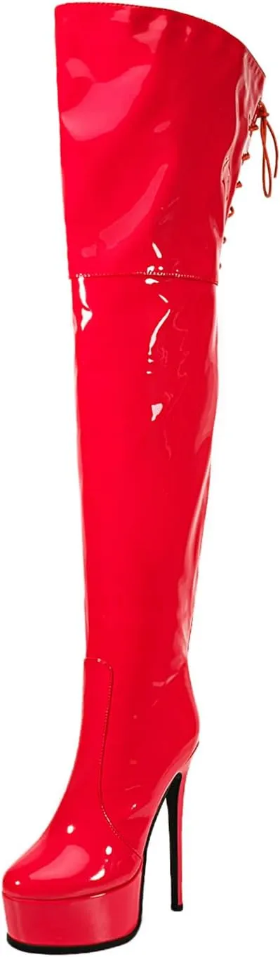 Shiny leather Thigh high boots Stiletto heels Platform Over the knee Round toe back zipper Sexy Front zipper Strappy high heel Cosplay Custume unisex boots for Women
