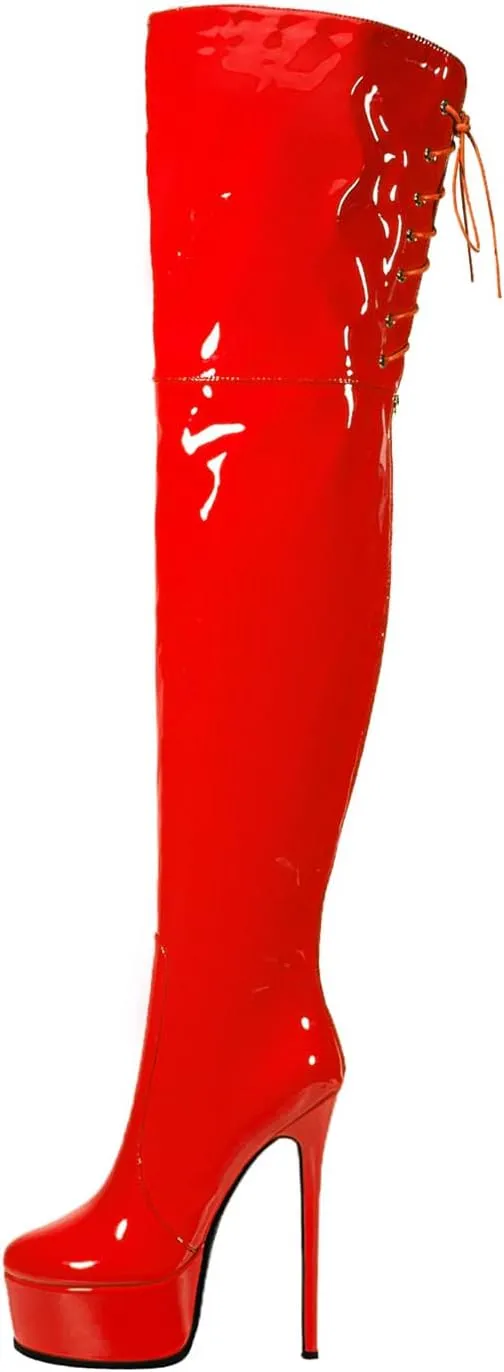 Shiny leather Thigh high boots Stiletto heels Platform Over the knee Round toe back zipper Sexy Front zipper Strappy high heel Cosplay Custume unisex boots for Women