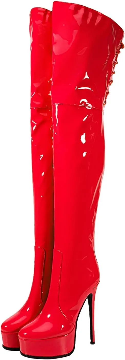 Shiny leather Thigh high boots Stiletto heels Platform Over the knee Round toe back zipper Sexy Front zipper Strappy high heel Cosplay Custume unisex boots for Women