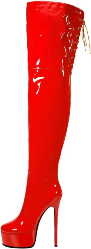 Shiny leather Thigh high boots Stiletto heels Platform Over the knee Round toe back zipper Sexy Front zipper Strappy high heel Cosplay Custume unisex boots for Women