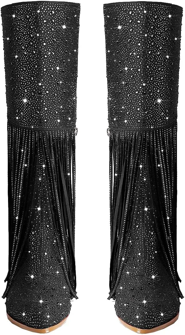 SHODENSE Fashion Rhinestone Boots Women Knee High Western Boots Fringe Low Chunky Stacked Heel Pointed Toe Mid Calf Cowboy Boots Zipper Glitter Tassel Cowgirl Boots Sparkle Dress Boot Fall 4-11 M US