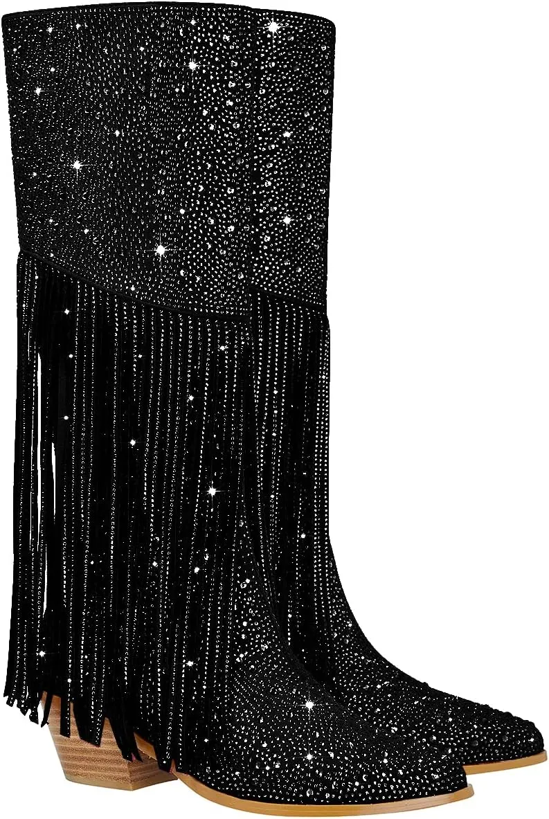 SHODENSE Fashion Rhinestone Boots Women Knee High Western Boots Fringe Low Chunky Stacked Heel Pointed Toe Mid Calf Cowboy Boots Zipper Glitter Tassel Cowgirl Boots Sparkle Dress Boot Fall 4-11 M US