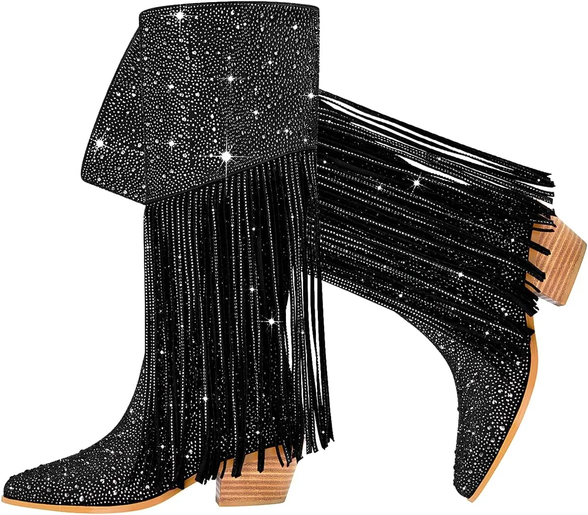 SHODENSE Fashion Rhinestone Boots Women Knee High Western Boots Fringe Low Chunky Stacked Heel Pointed Toe Mid Calf Cowboy Boots Zipper Glitter Tassel Cowgirl Boots Sparkle Dress Boot Fall 4-11 M US