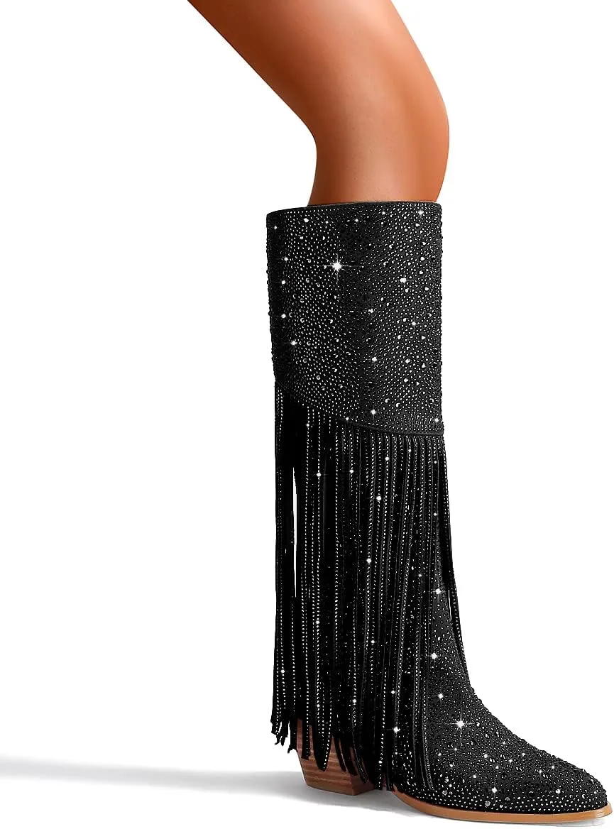 SHODENSE Fashion Rhinestone Boots Women Knee High Western Boots Fringe Low Chunky Stacked Heel Pointed Toe Mid Calf Cowboy Boots Zipper Glitter Tassel Cowgirl Boots Sparkle Dress Boot Fall 4-11 M US