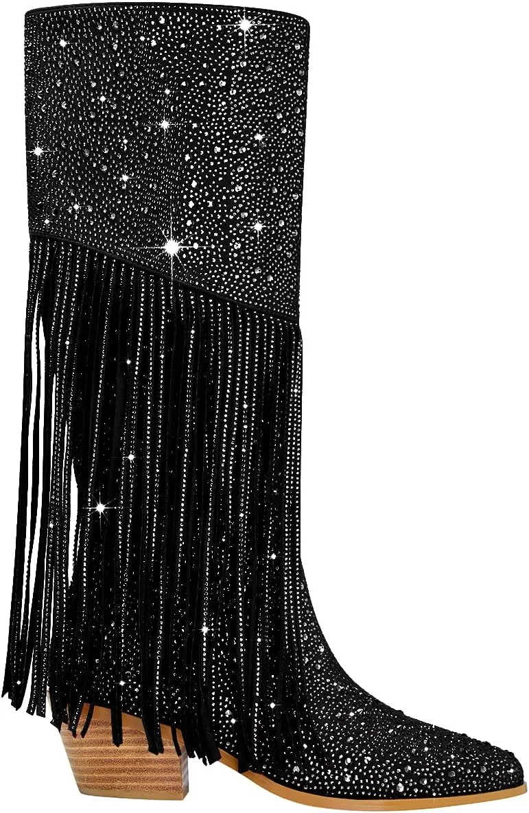 SHODENSE Fashion Rhinestone Boots Women Knee High Western Boots Fringe Low Chunky Stacked Heel Pointed Toe Mid Calf Cowboy Boots Zipper Glitter Tassel Cowgirl Boots Sparkle Dress Boot Fall 4-11 M US
