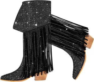 SHODENSE Fashion Rhinestone Boots Women Knee High Western Boots Fringe Low Chunky Stacked Heel Pointed Toe Mid Calf Cowboy Boots Zipper Glitter Tassel Cowgirl Boots Sparkle Dress Boot Fall 4-11 M US