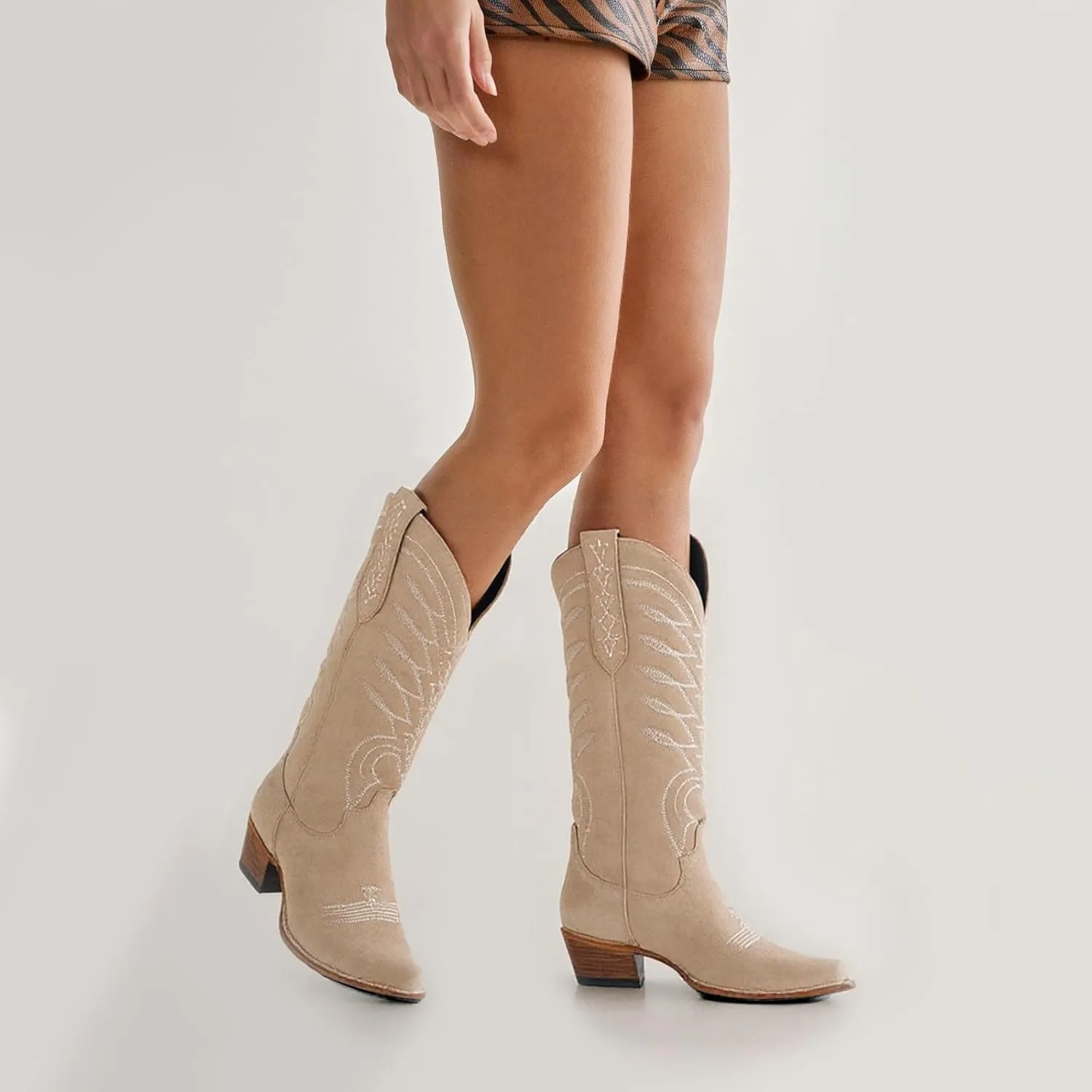 SIFINELAR Women's Square Toe Cowboy Cowgirl Boots Embroidered knee high Calf Western Boots Fashion Dress Low Chunky Heel boots for All Occasion