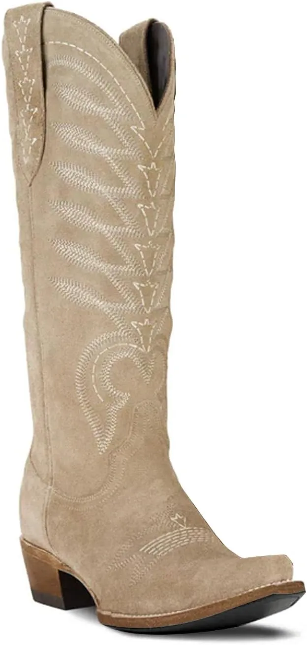 SIFINELAR Women's Square Toe Cowboy Cowgirl Boots Embroidered knee high Calf Western Boots Fashion Dress Low Chunky Heel boots for All Occasion