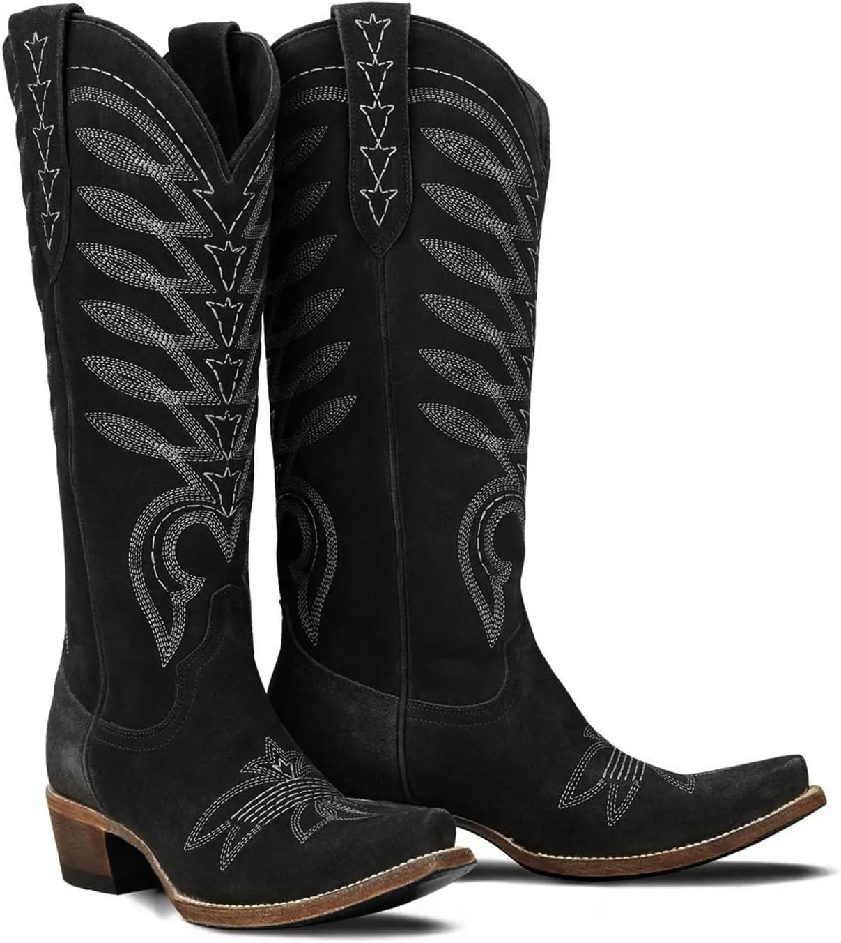 SIFINELAR Women's Square Toe Cowboy Cowgirl Boots Embroidered knee high Calf Western Boots Fashion Dress Low Chunky Heel boots for All Occasion