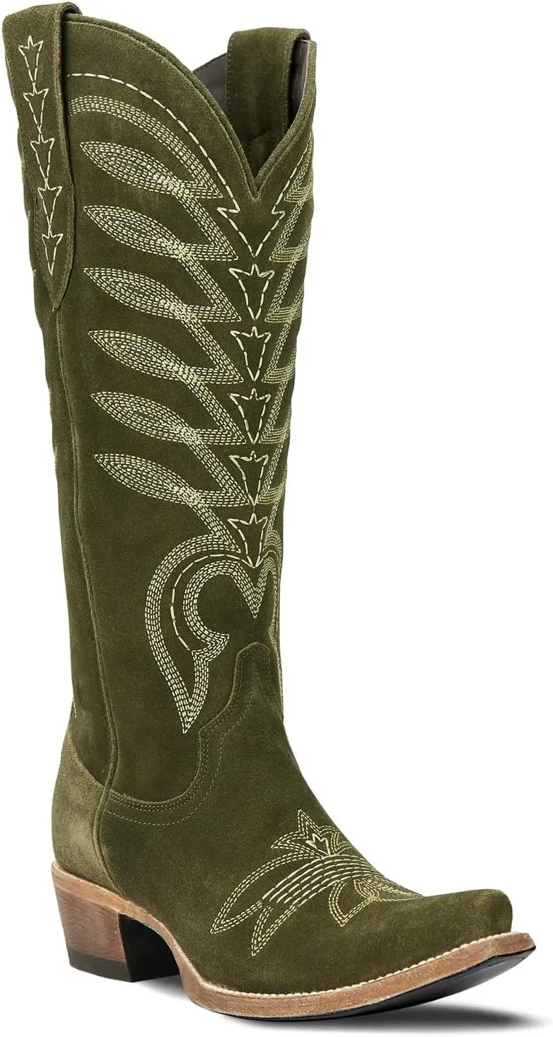 SIFINELAR Women's Square Toe Cowboy Cowgirl Boots Embroidered knee high Calf Western Boots Fashion Dress Low Chunky Heel boots for All Occasion