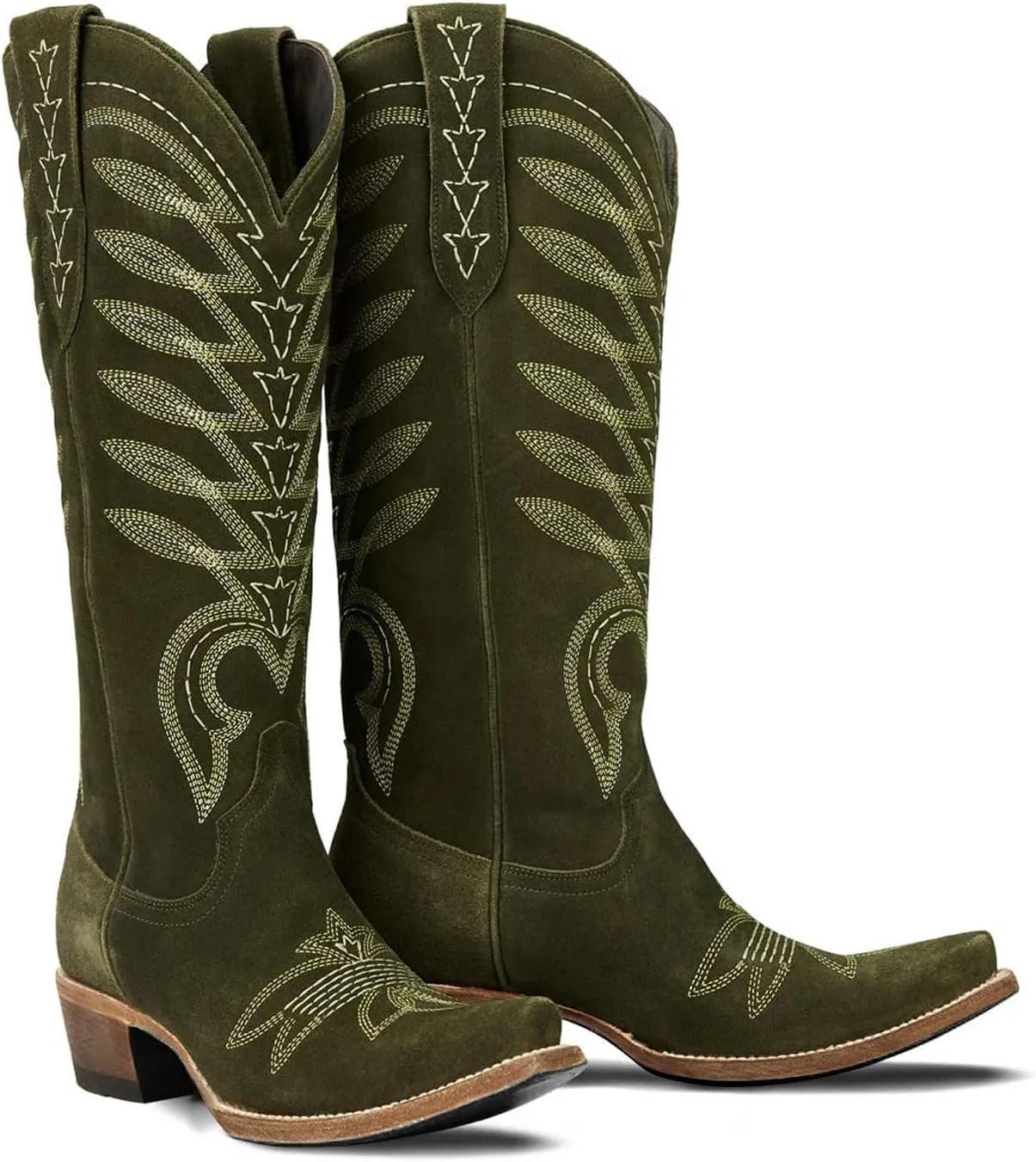 SIFINELAR Women's Square Toe Cowboy Cowgirl Boots Embroidered knee high Calf Western Boots Fashion Dress Low Chunky Heel boots for All Occasion