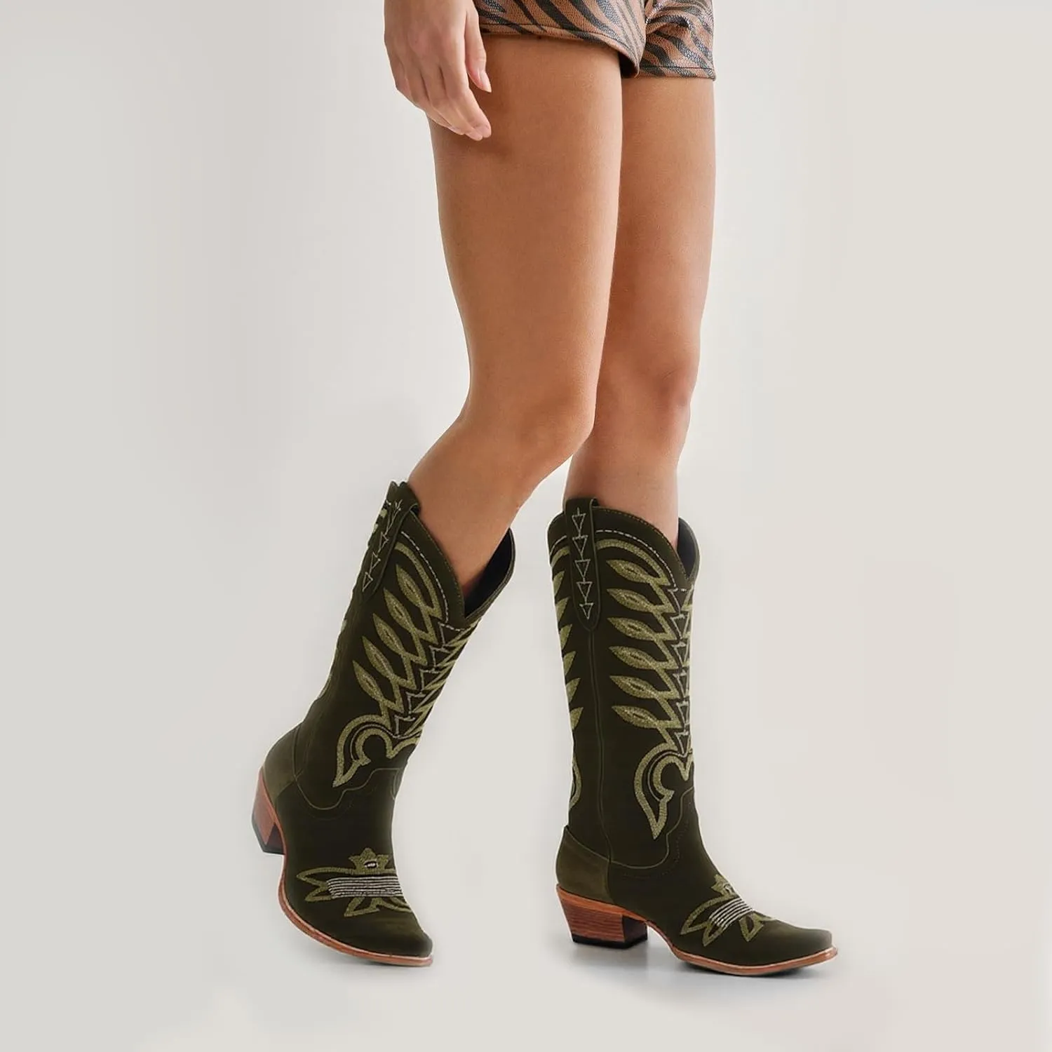 SIFINELAR Women's Square Toe Cowboy Cowgirl Boots Embroidered knee high Calf Western Boots Fashion Dress Low Chunky Heel boots for All Occasion