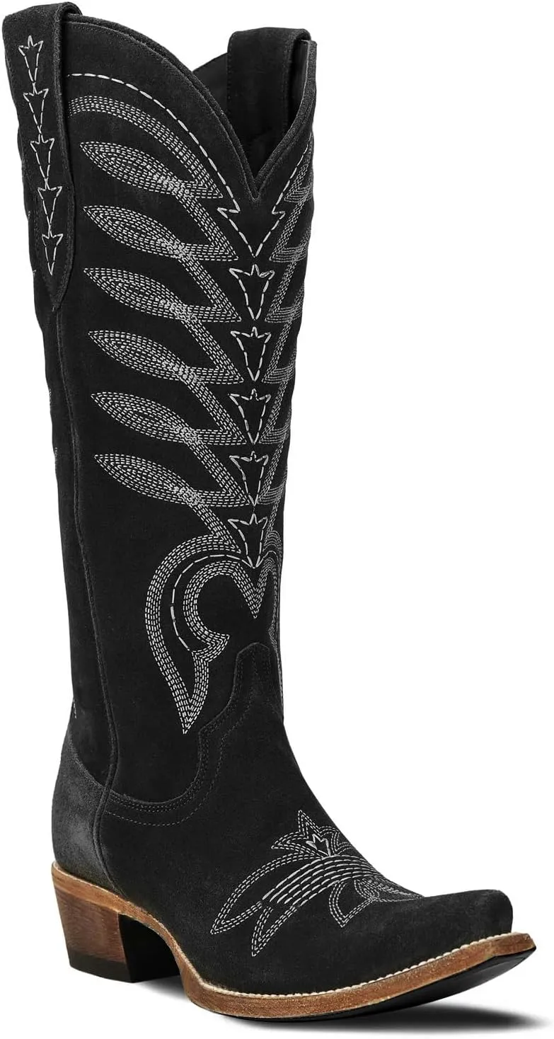 SIFINELAR Women's Square Toe Cowboy Cowgirl Boots Embroidered knee high Calf Western Boots Fashion Dress Low Chunky Heel boots for All Occasion
