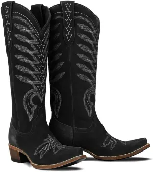 SIFINELAR Women's Square Toe Cowboy Cowgirl Boots Embroidered knee high Calf Western Boots Fashion Dress Low Chunky Heel boots for All Occasion