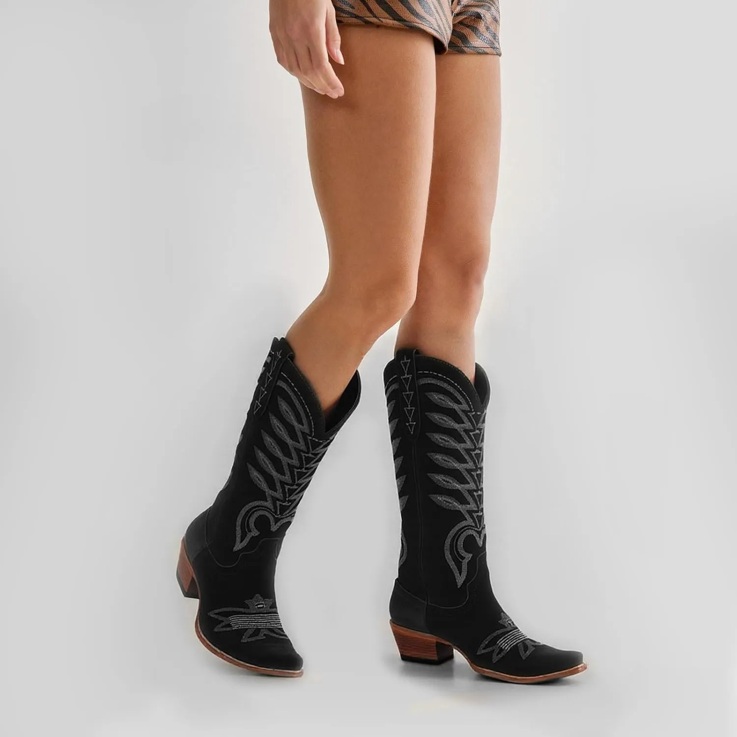 SIFINELAR Women's Square Toe Cowboy Cowgirl Boots Embroidered knee high Calf Western Boots Fashion Dress Low Chunky Heel boots for All Occasion