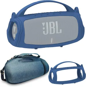 Silicone Cover and Hard Travel Case for JBL Charge 4 / Charge 5 Portable Bluetooth Speaker Accessories (Dark Blue Case, NOT for Wi-Fi Version)