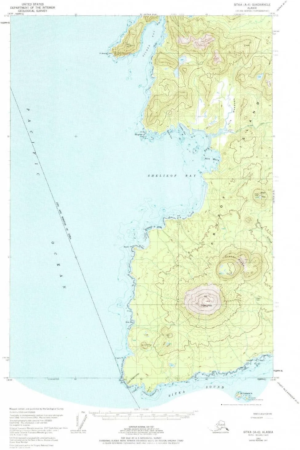 Sitka A 6 AK topo map, 1:63360 Scale, 15 X 15 Minute, Historical, 1951, Updated 1984, 22.1 x 17.1 in