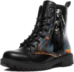 Skull Gothic Combat Boots Punk Rock Winter Shoes Waterproof Lace-Up Ankle Booties Chunky Platform Leather Work Boots for Men & Women