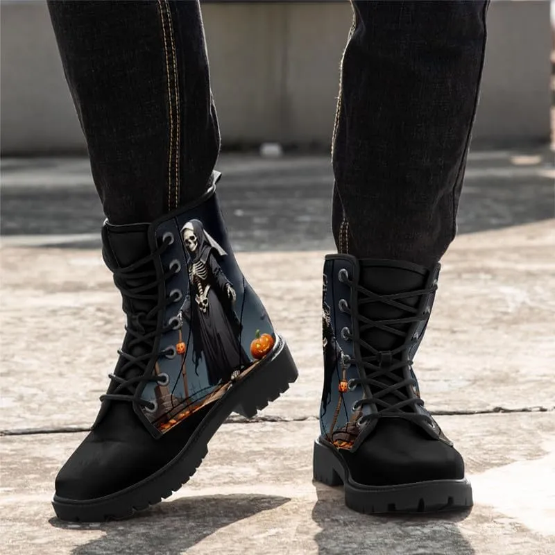Skull Gothic Combat Boots Punk Rock Winter Shoes Waterproof Lace-Up Ankle Booties Chunky Platform Leather Work Boots for Men & Women