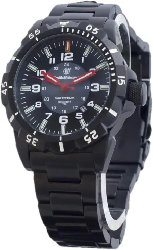 Smith & Wesson Men's Emissary Swiss Tritium H3 Watch, Heavy Duty Stainless-Steel Case, Water Resistant, Durable Military Tactical-Tough, Precision Quartz Japanese Movement, 44mm, Silver & Black