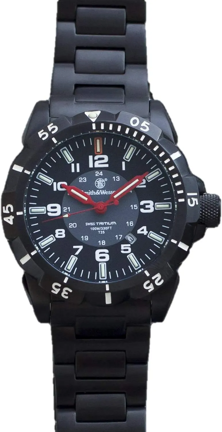 Smith & Wesson Men's Emissary Swiss Tritium H3 Watch, Heavy Duty Stainless-Steel Case, Water Resistant, Durable Military Tactical-Tough, Precision Quartz Japanese Movement, 44mm, Silver & Black