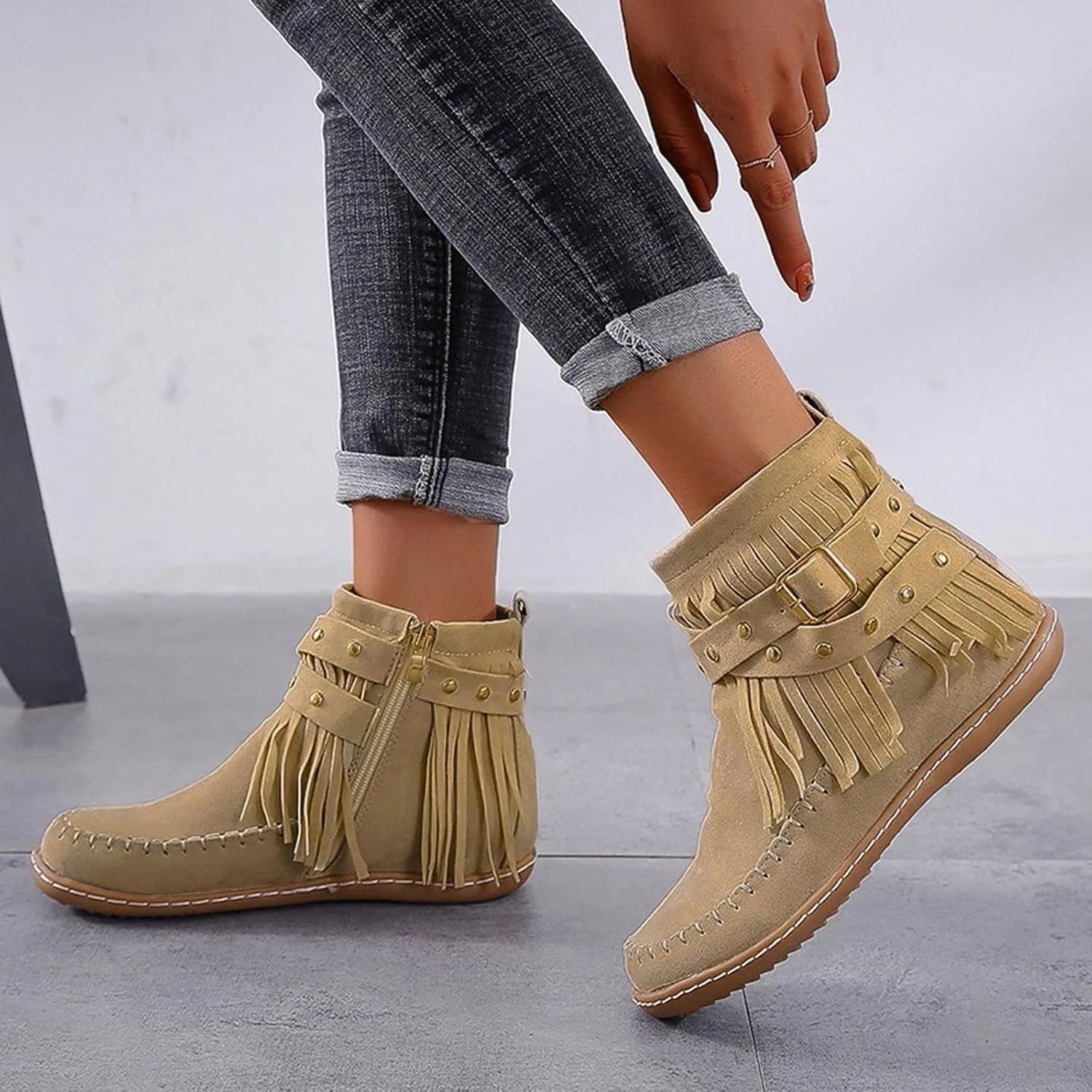 Snow Boots for Women Casual Fringe Faux Suede Ankle Non Slip Booties Vintage Short Booties Side Zip Flat Winter Boot
