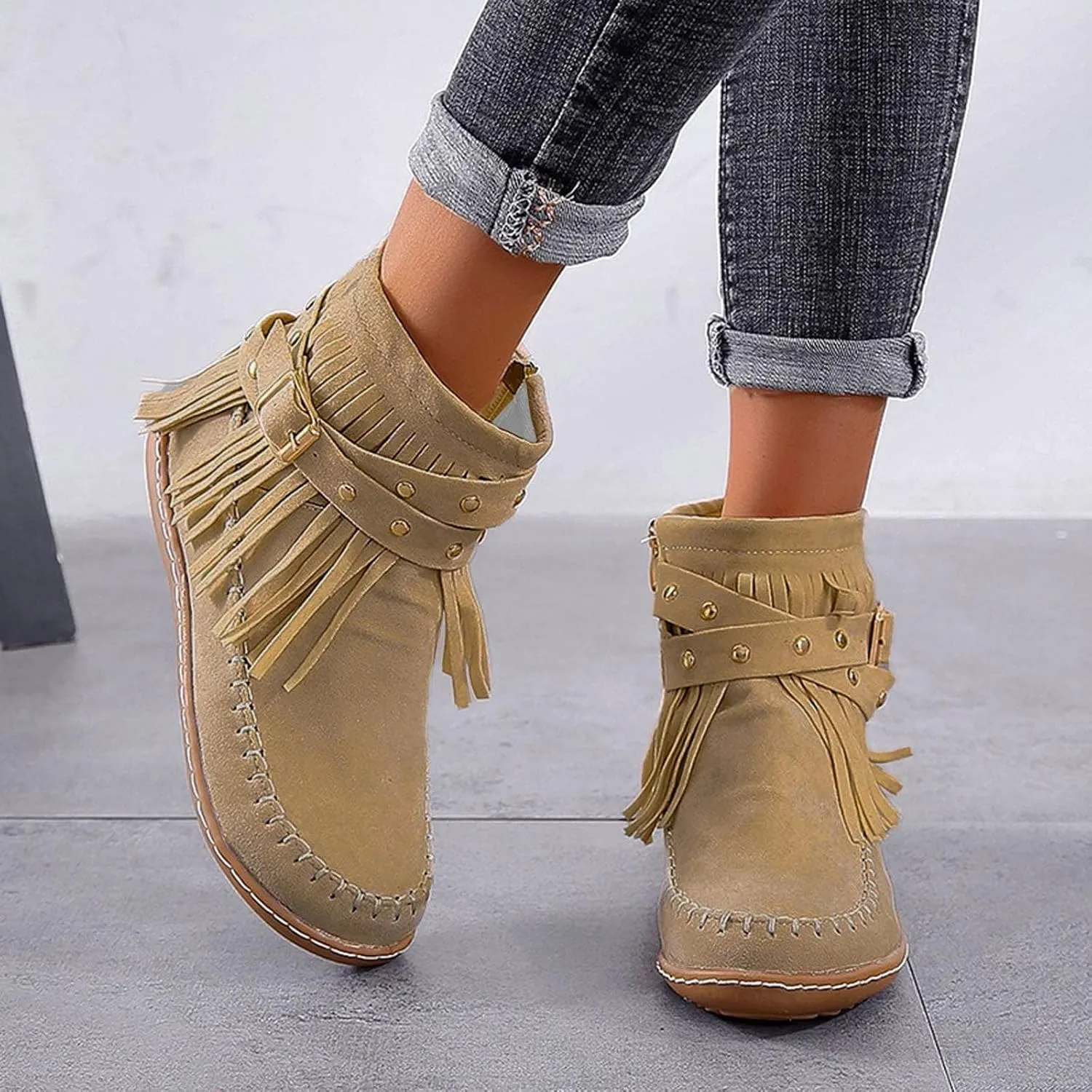 Snow Boots for Women Casual Fringe Faux Suede Ankle Non Slip Booties Vintage Short Booties Side Zip Flat Winter Boot