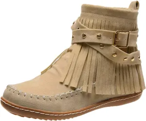 Snow Boots for Women Casual Fringe Faux Suede Ankle Non Slip Booties Vintage Short Booties Side Zip Flat Winter Boot
