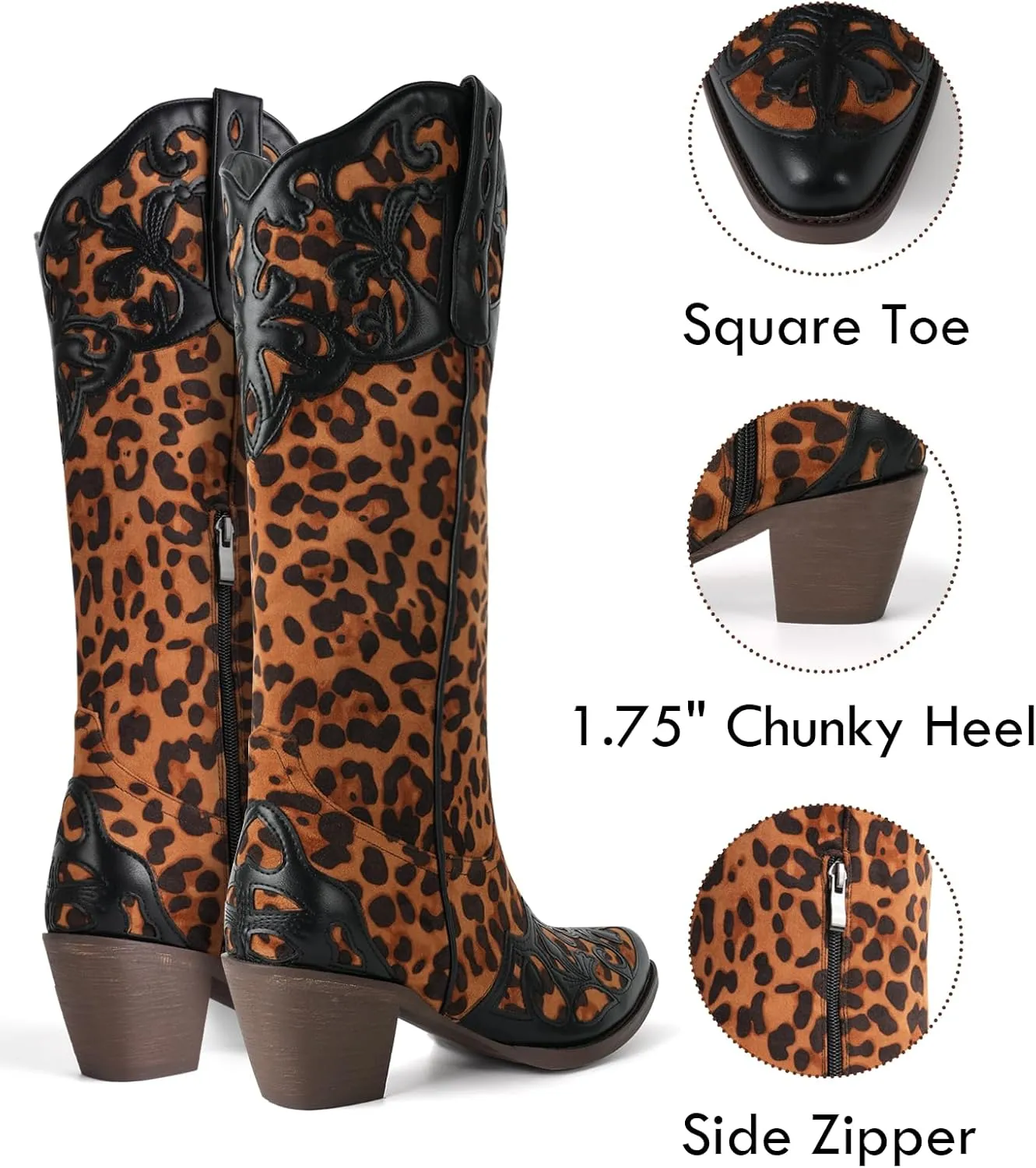 SO SIMPOK Leopard Cowboy Boots for Women Knee High Western Cowgirl Boot Pointed Toe Wide Calf Slouchy Boots Suede Chunky Heel Leopard Shoes