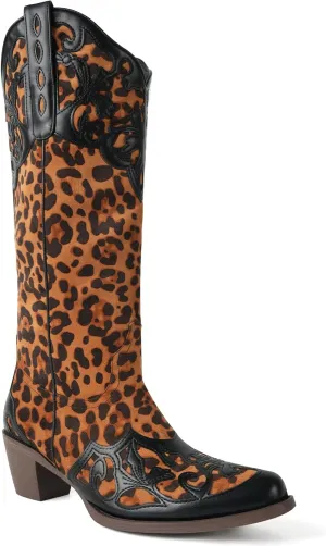 SO SIMPOK Leopard Cowboy Boots for Women Knee High Western Cowgirl Boot Pointed Toe Wide Calf Slouchy Boots Suede Chunky Heel Leopard Shoes