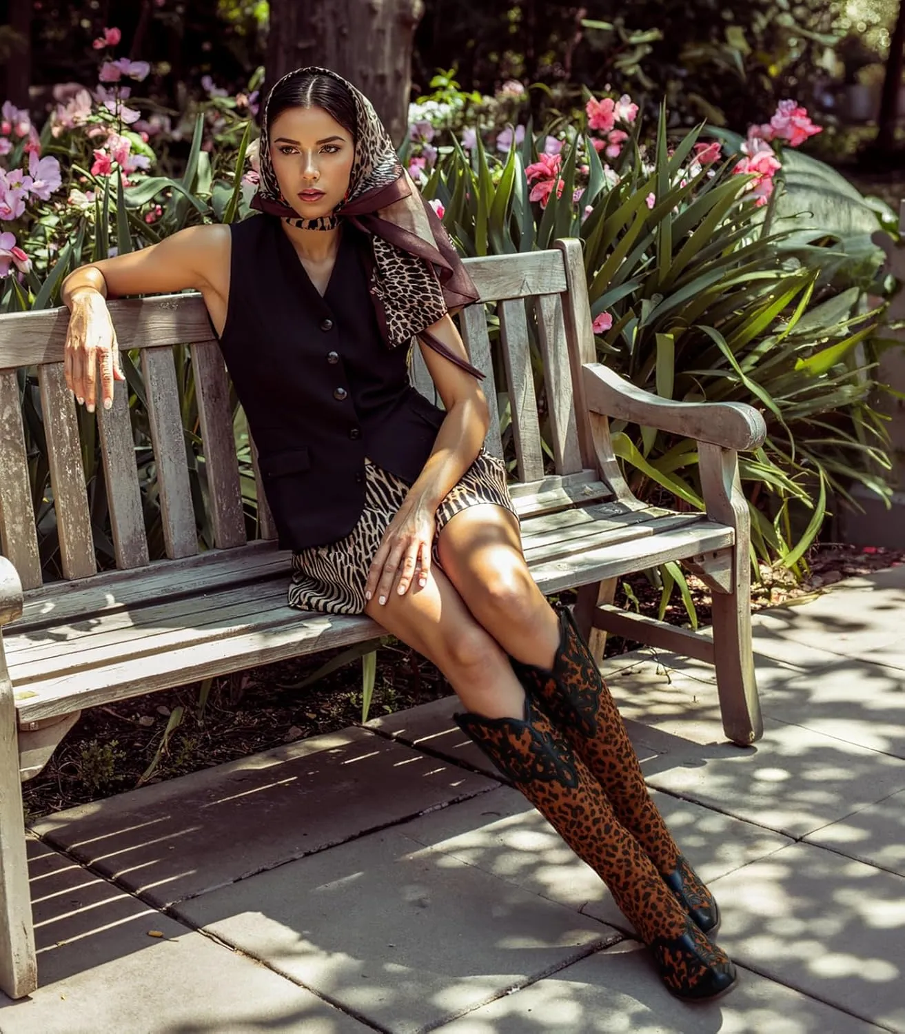 SO SIMPOK Leopard Cowboy Boots for Women Knee High Western Cowgirl Boot Pointed Toe Wide Calf Slouchy Boots Suede Chunky Heel Leopard Shoes