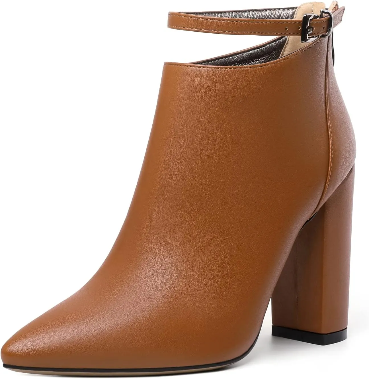 Soireelady Women Ankle Boots Pointed Toe Block Heel Ankle Booties Chunky High Heel Ankle Boots Classic Ankle Booties with Zipper Comfortable Adjustable Strap Ankle Boots